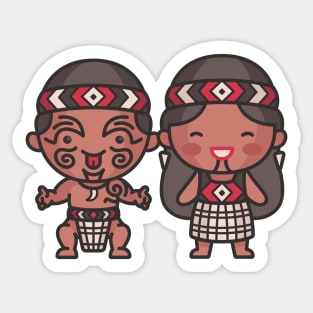 Cute Maori Couple in Traditional Clothing Cartoon Sticker